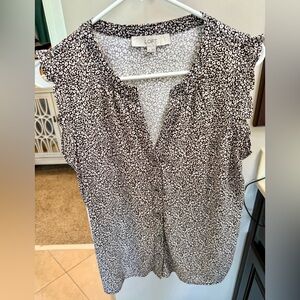LOFT Black and White Printed Ruffle Cap-Sleeve Shell